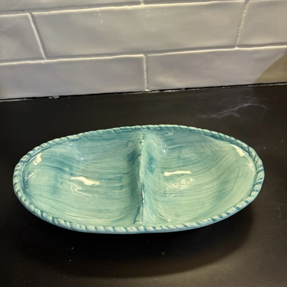 Vintage Italian Divided Ceramic Serving Dish Teal Blue Glaze‎ 11½″ Mid-Century
